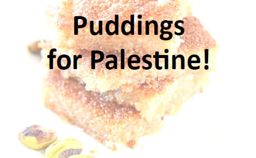 Puddings for Palestine flyer with Palestinian cake